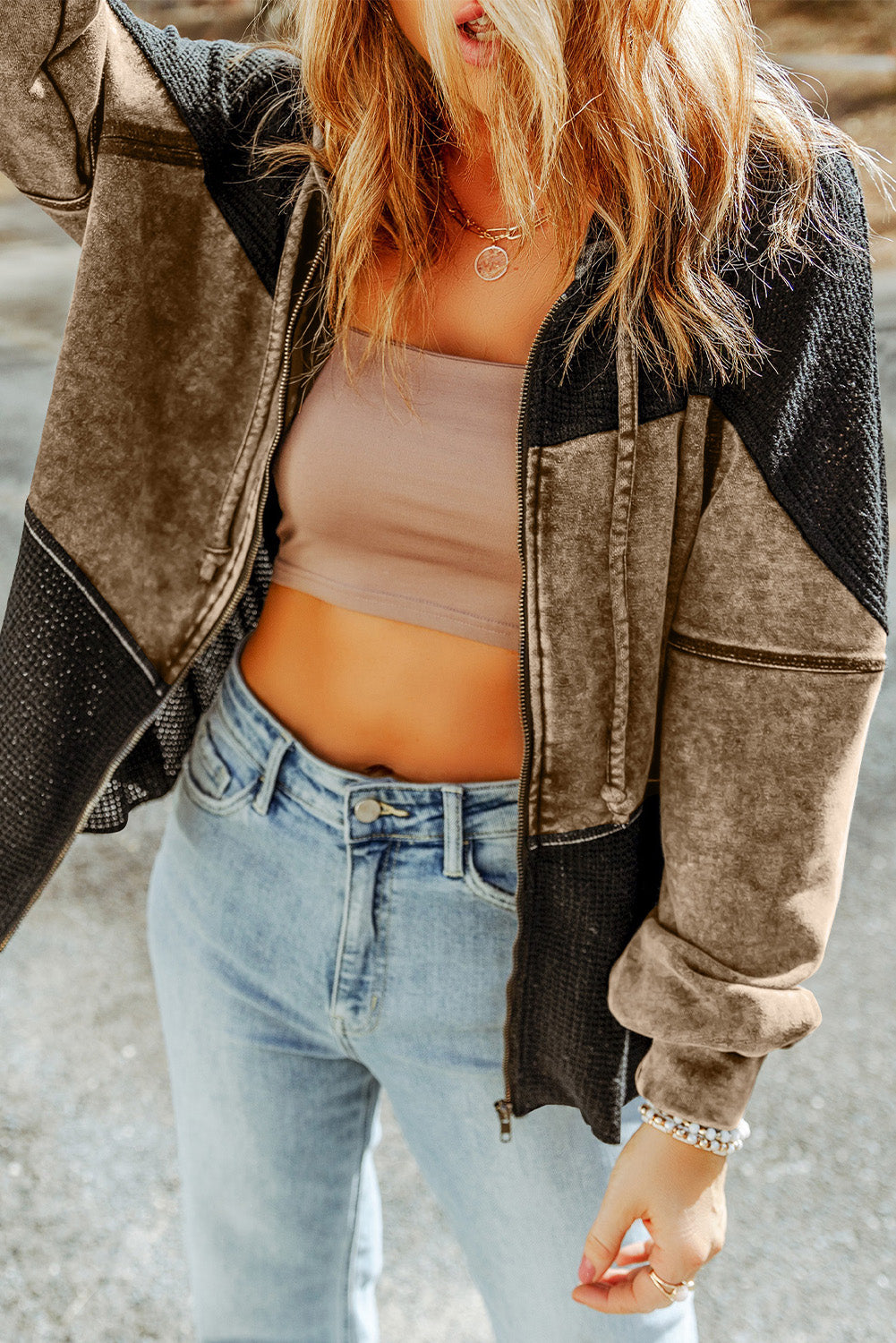 Waffle Patchwork Vintage Washed Hooded Jacket