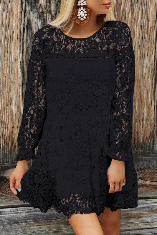 Black Lace Splicing Long Sleeve Mini Dress