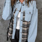 Sky Blue Plaid Patchwork Raw Hem Denim Jacket