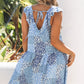 Sky Blue Floral Print Lace-up Open Back Ruffled V Neck Babydoll Dress