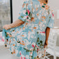Sky Blue Floral Print Ruffled Puff Sleeve Plus Size Mini Dress