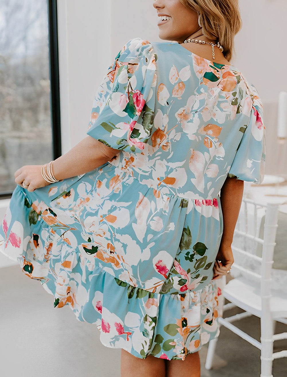 Sky Blue Floral Print Ruffled Puff Sleeve Plus Size Mini Dress