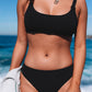 Black Solid 2pcs Low Neck Mid Waist Bikini Swimsuit