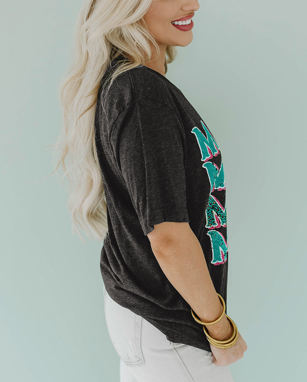 Black MAMA Letter Print Vintage Leopard Graphic T Shirt