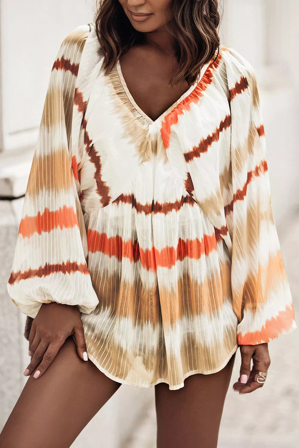 Tie-dyed V Neck Bubble Sleeve Babydoll Top