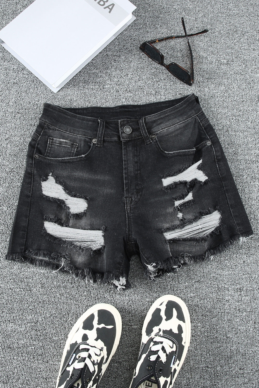 Raw Hem Distressed High Rise Denim Shorts