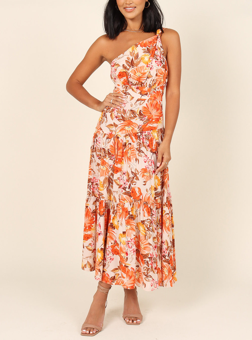 Orange Floral Print Pleated One Shoulder High Waist Maxi Dress
