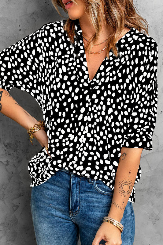 Black Animal Print V-neck Rolled Sleeve Tunic Top