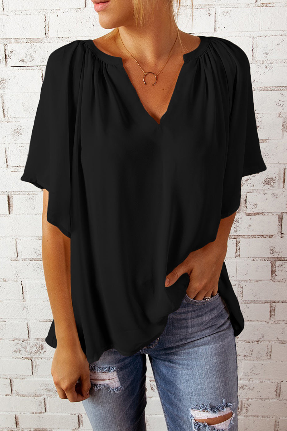 Split Neck Pleated Loose Top