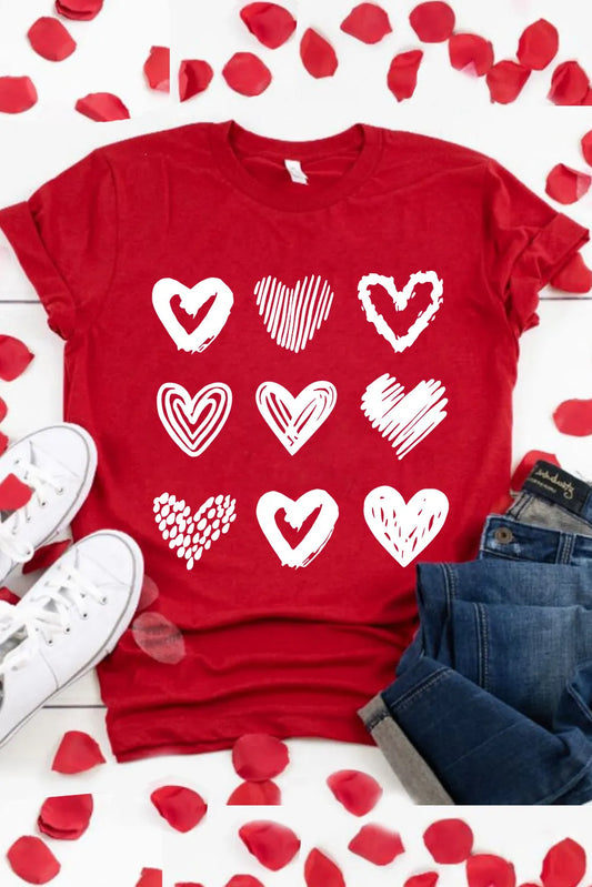 Various Heart Glitter Flocking Pattern Valentines Graphic Tee