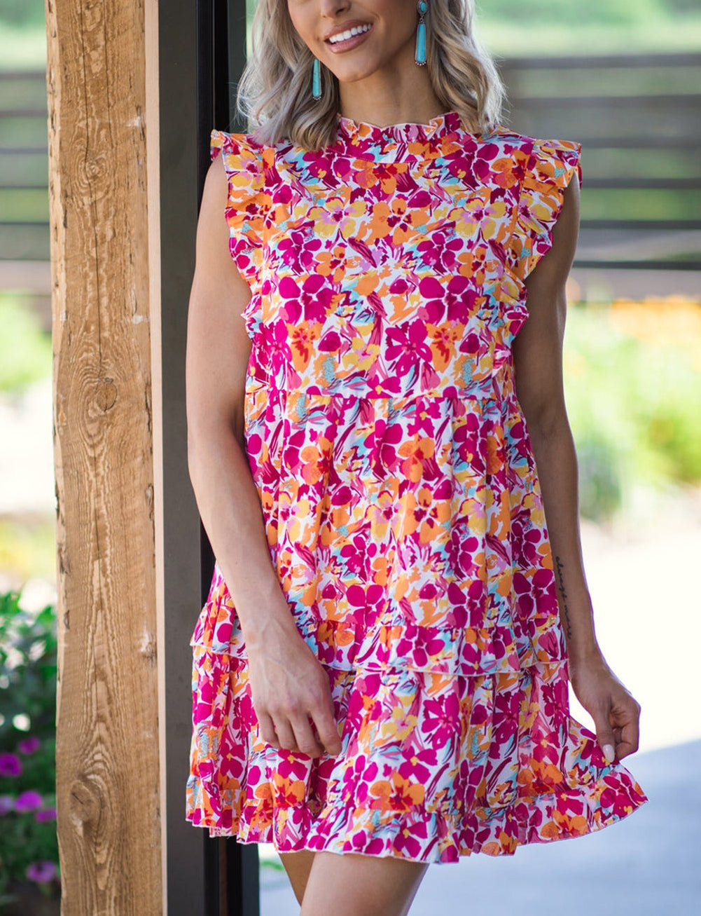 Ruffle Trim Tiered Sleeveless Floral Mini Dress