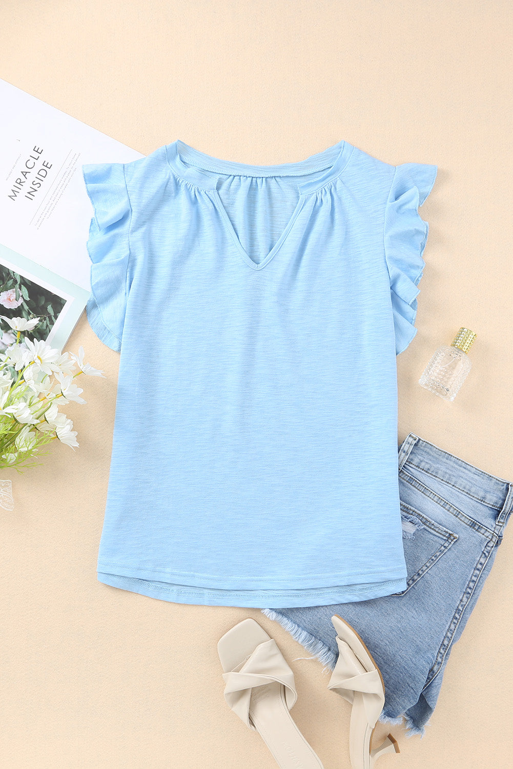 Sky Blue Casual Solid V Neck Butterfly Sleeve Tee