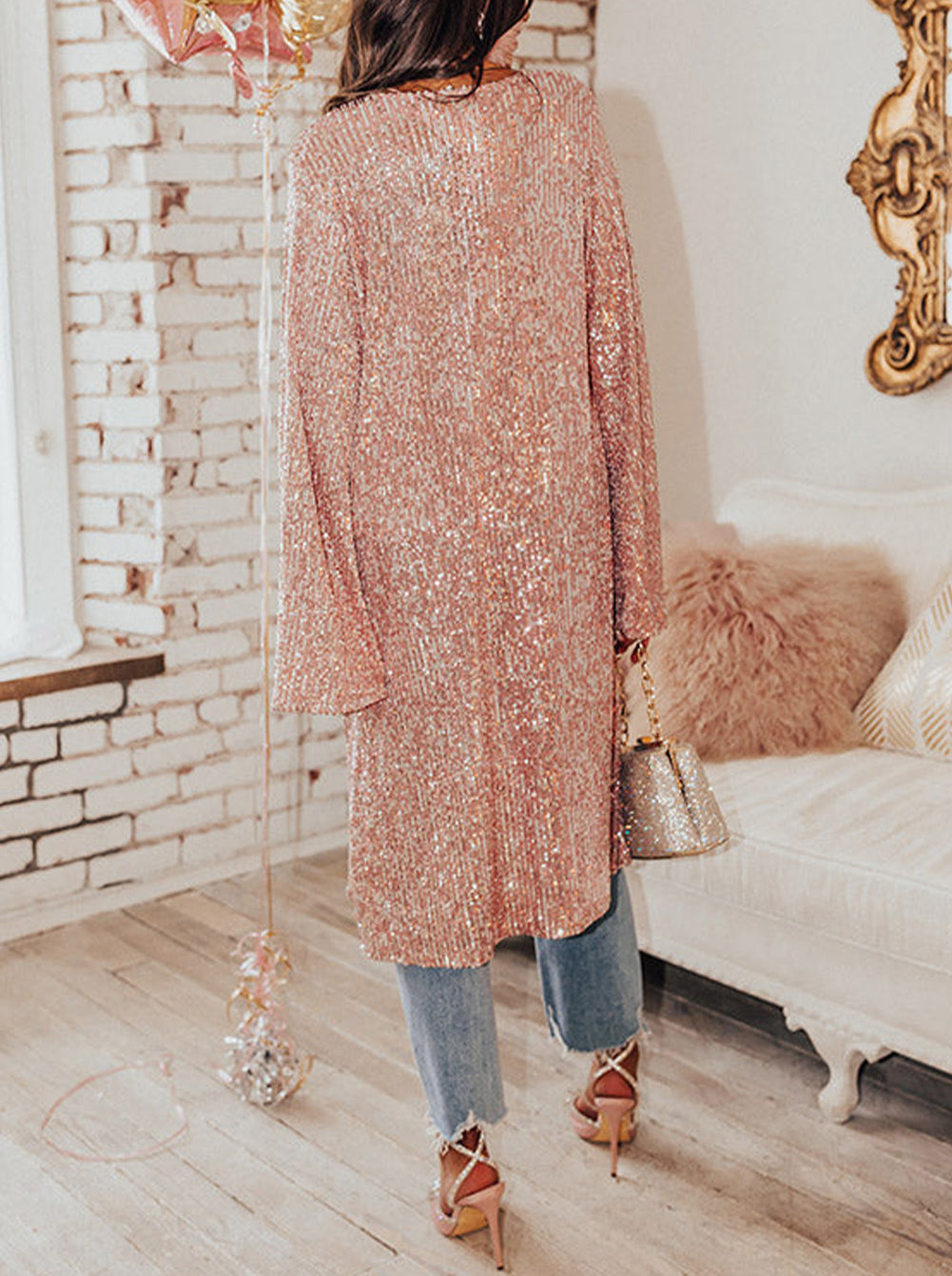 Pink Flare Sleeve Open Front Sequin Kimono