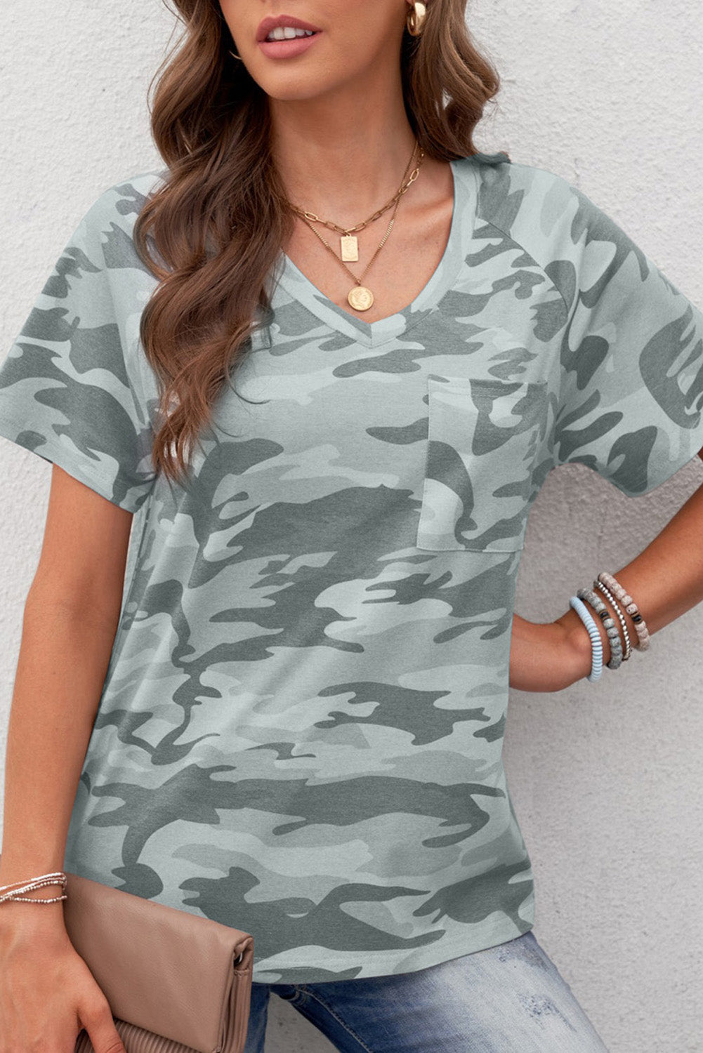 V Neck Front Pocket Leopard Tee