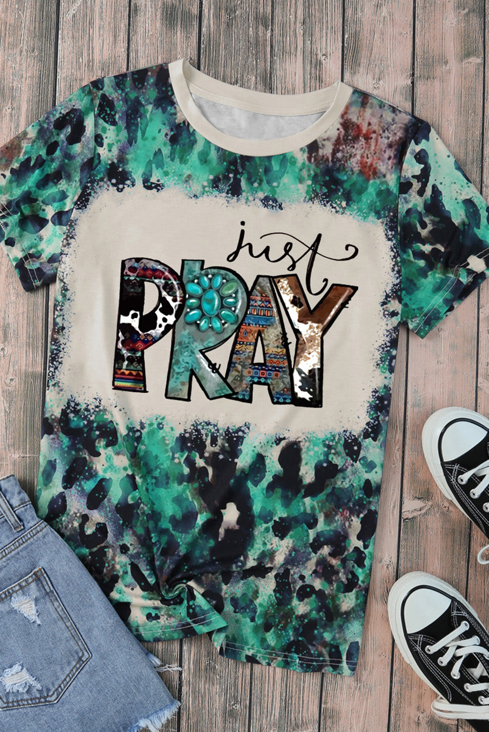 Leopard Just Pray Western Pattern Bleached Short Sleeve T Shirt