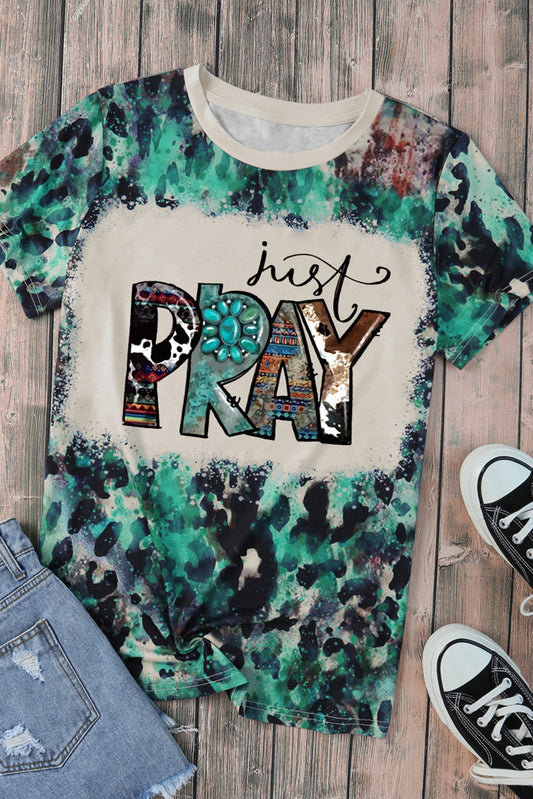 Leopard Just Pray Western Pattern Bleached Short Sleeve T Shirt