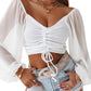 White Drawstring Front Sheer Puff Sleeve Crop Top