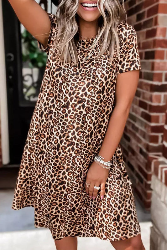 Leopard Print Short Sleeve A-line Mini Dress