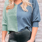 Green Color Block Shirred 3/4 Sleeve V Neck Top