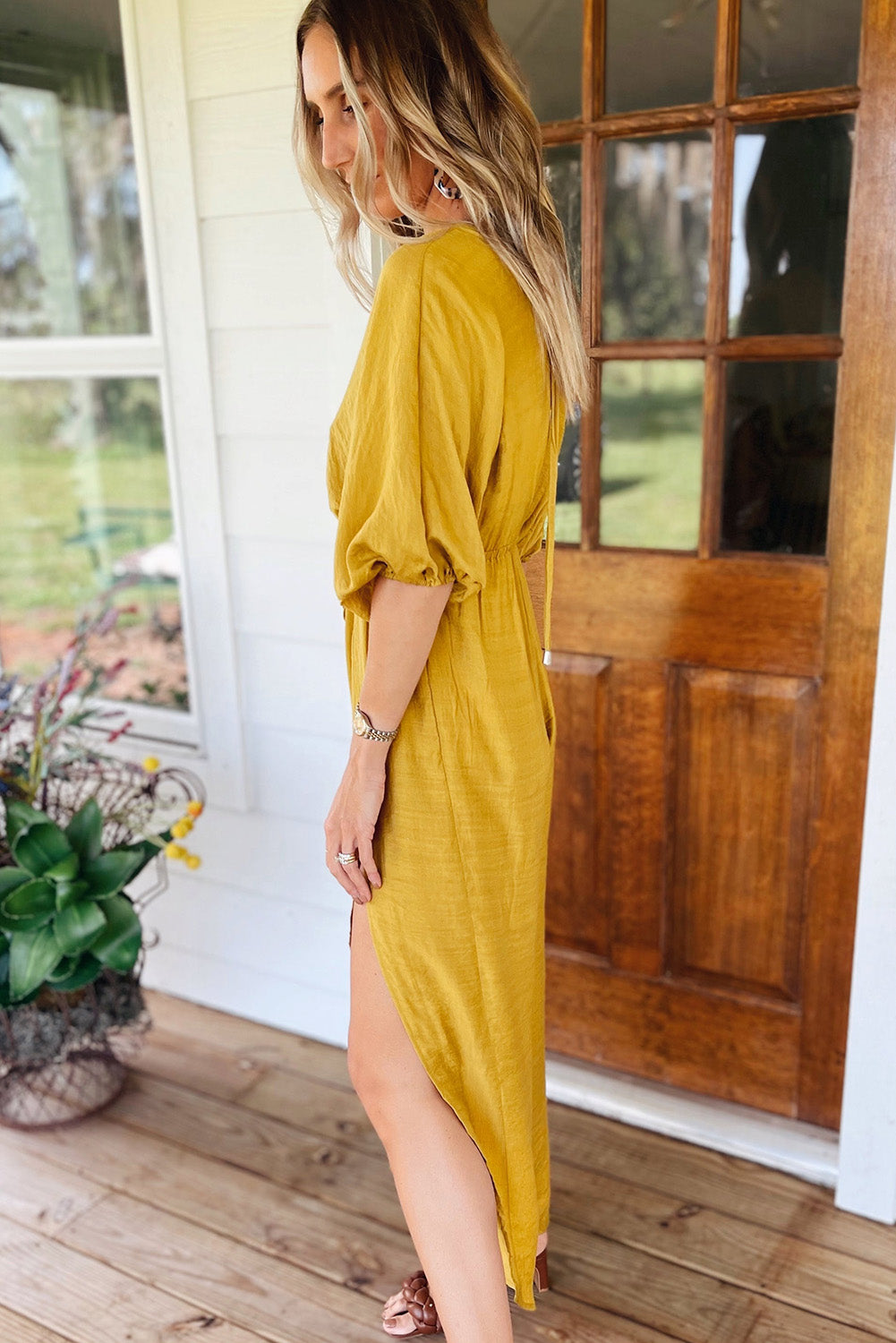 Yellow Surplice V Neck Half Sleeves Slit Leg Jumpsuit