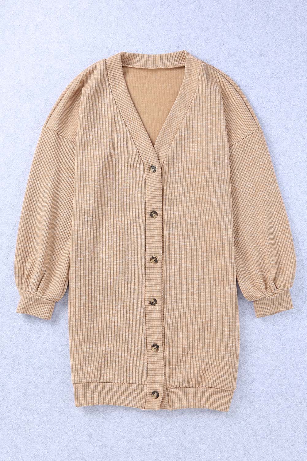Apricot Ribbed Buttons V Neck Cardigan
