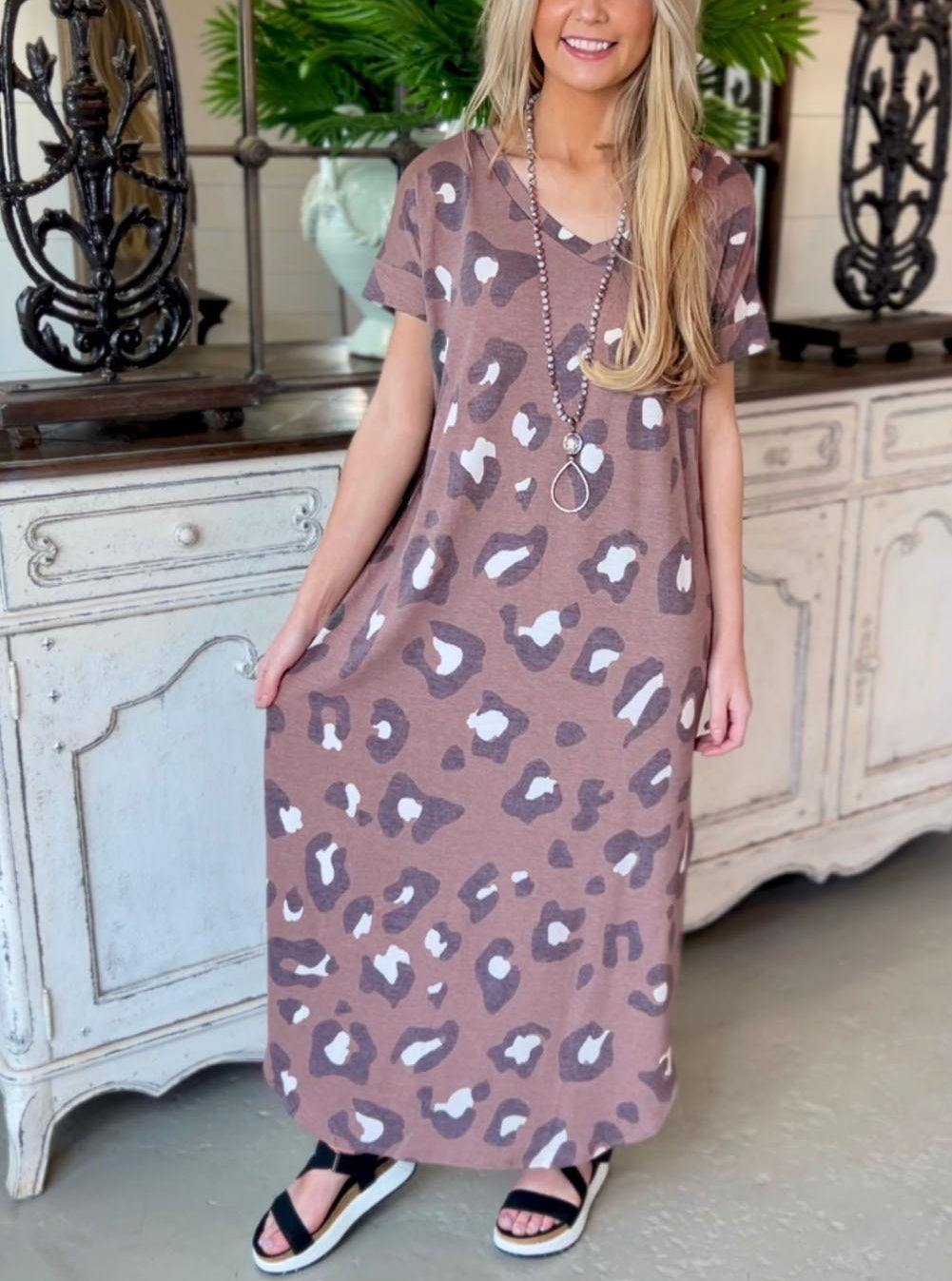 Leopard Print V Neck Long T-shirt Dress