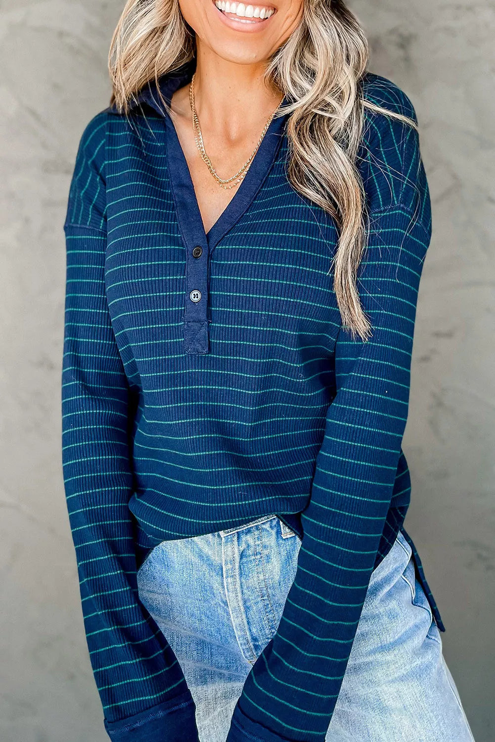 Striped Ribbed Knit Polo Top