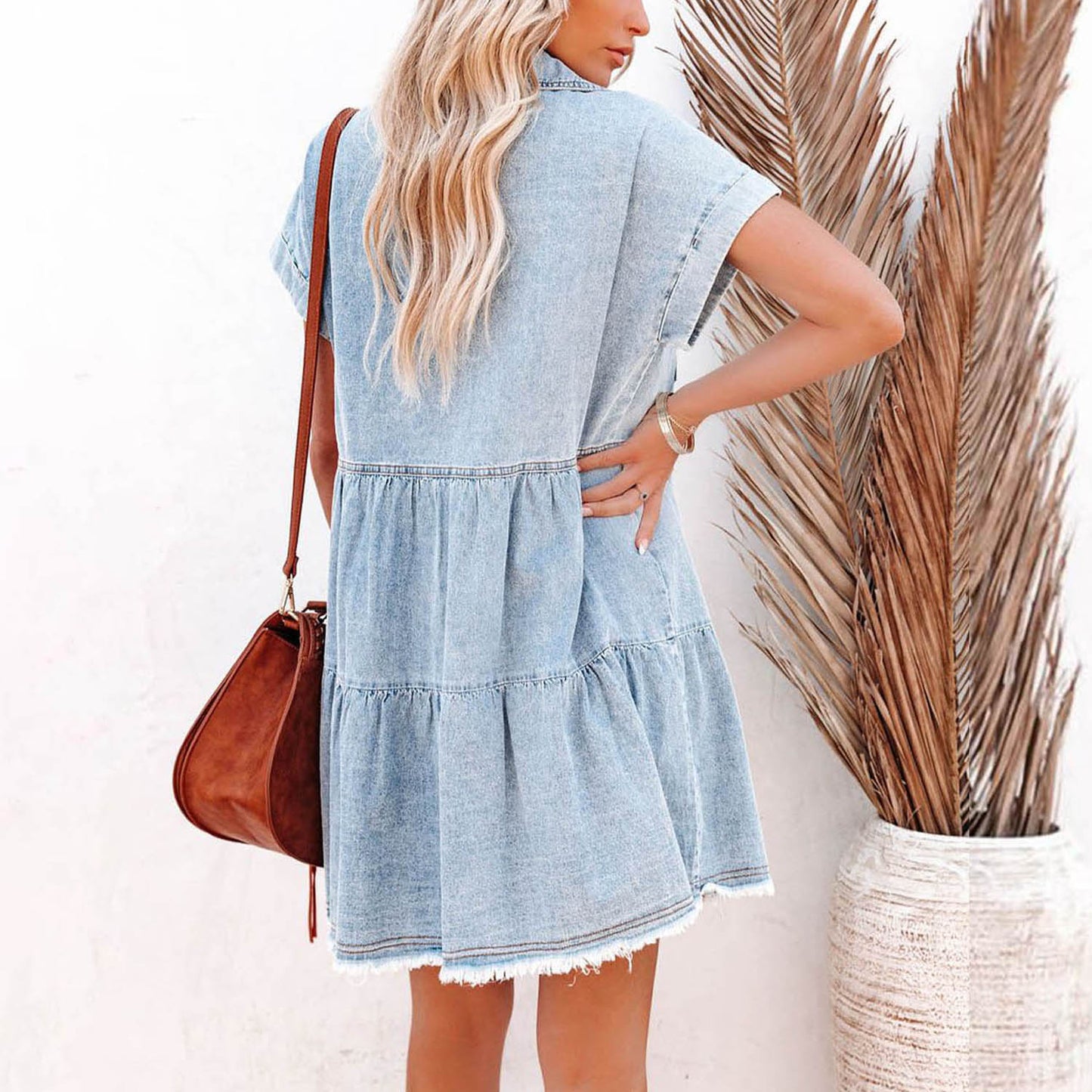 Buttoned Frayed Pocket Short Sleeve Denim Dress