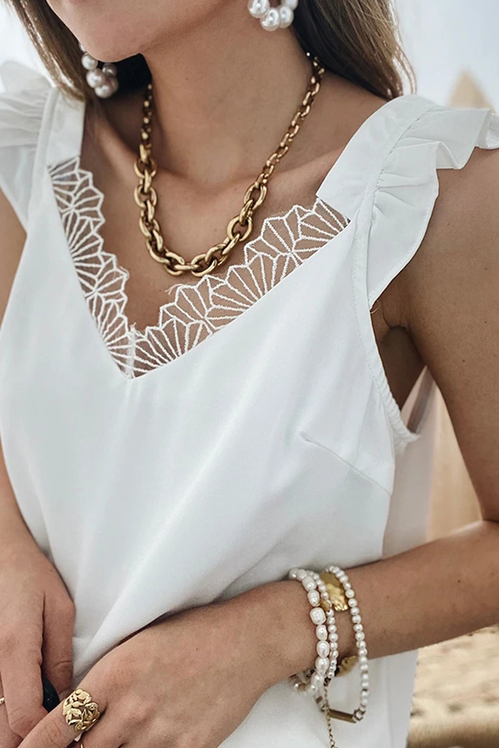 White V Neck Lace Ruffle Tank Top