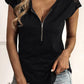 Black Zip Neck Lace Splicing Short Sleeve Tee