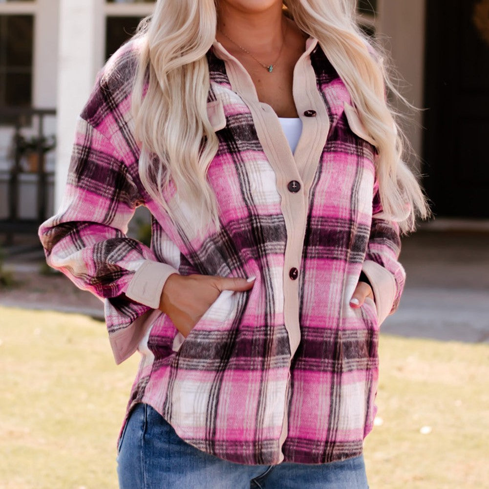 Contrast Trim Plaid Shacket