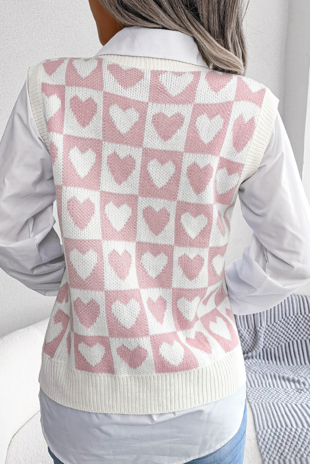 Checked Heart Pattern Sweater Vest