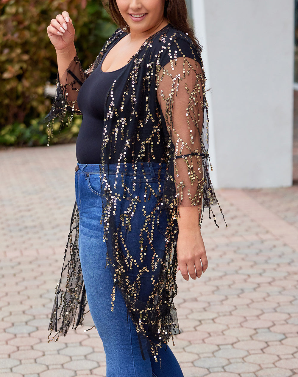 Black 3/4 Bell Sleeve Sequin Sheer Kimono
