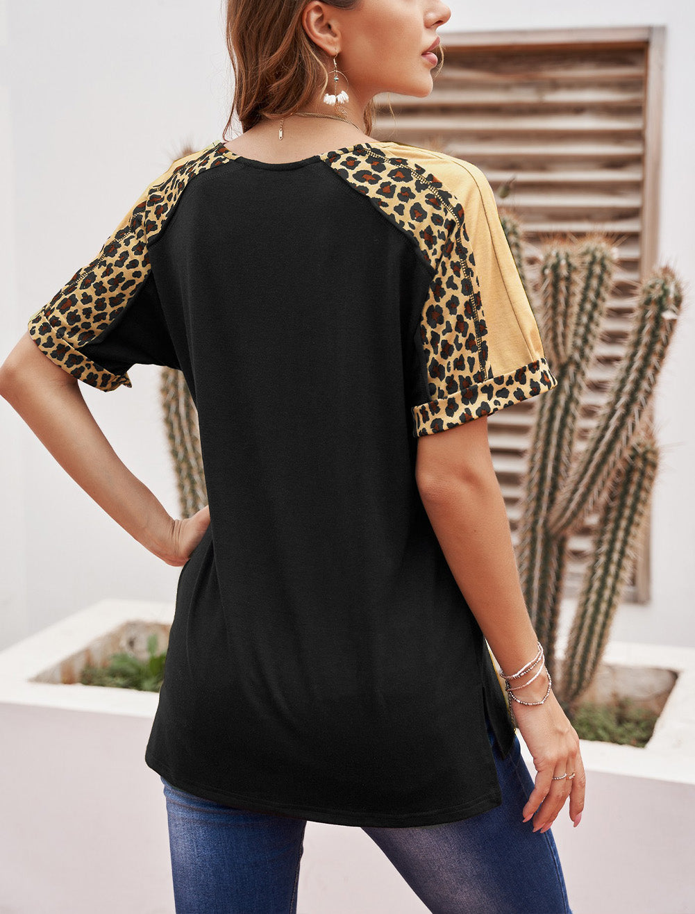 Leopard Print Color Block Sleeves Patchwork Tunic Top