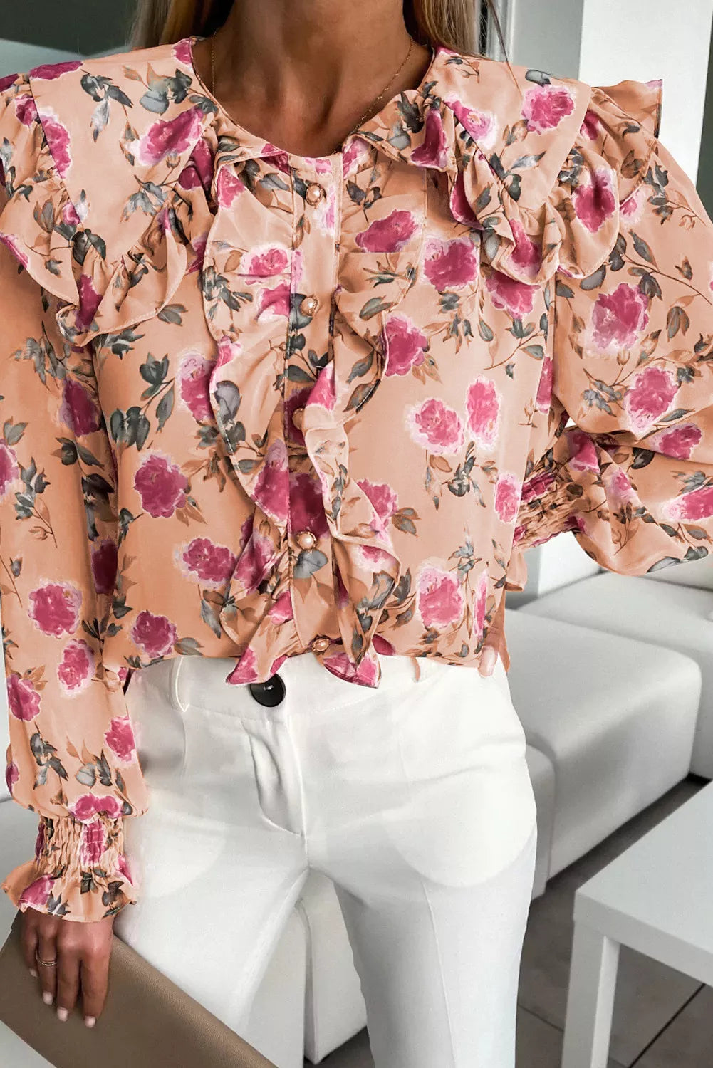 Floral Cape Ruffles Elastic Wrist Shirt