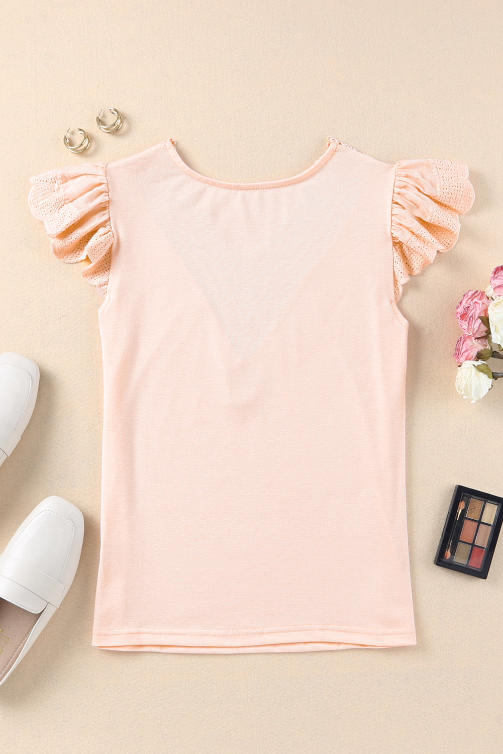 Pink Contrast Lace Scalloped Neck Petal Sleeves Top