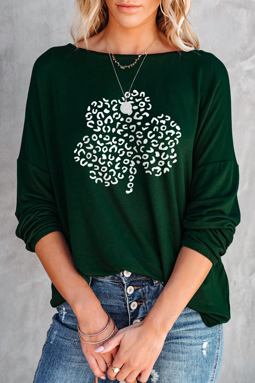 Green Leopard Clover Pattern Print Long Sleeve Top