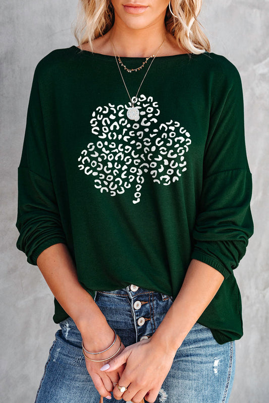 Green Leopard Clover Pattern Print Long Sleeve Top