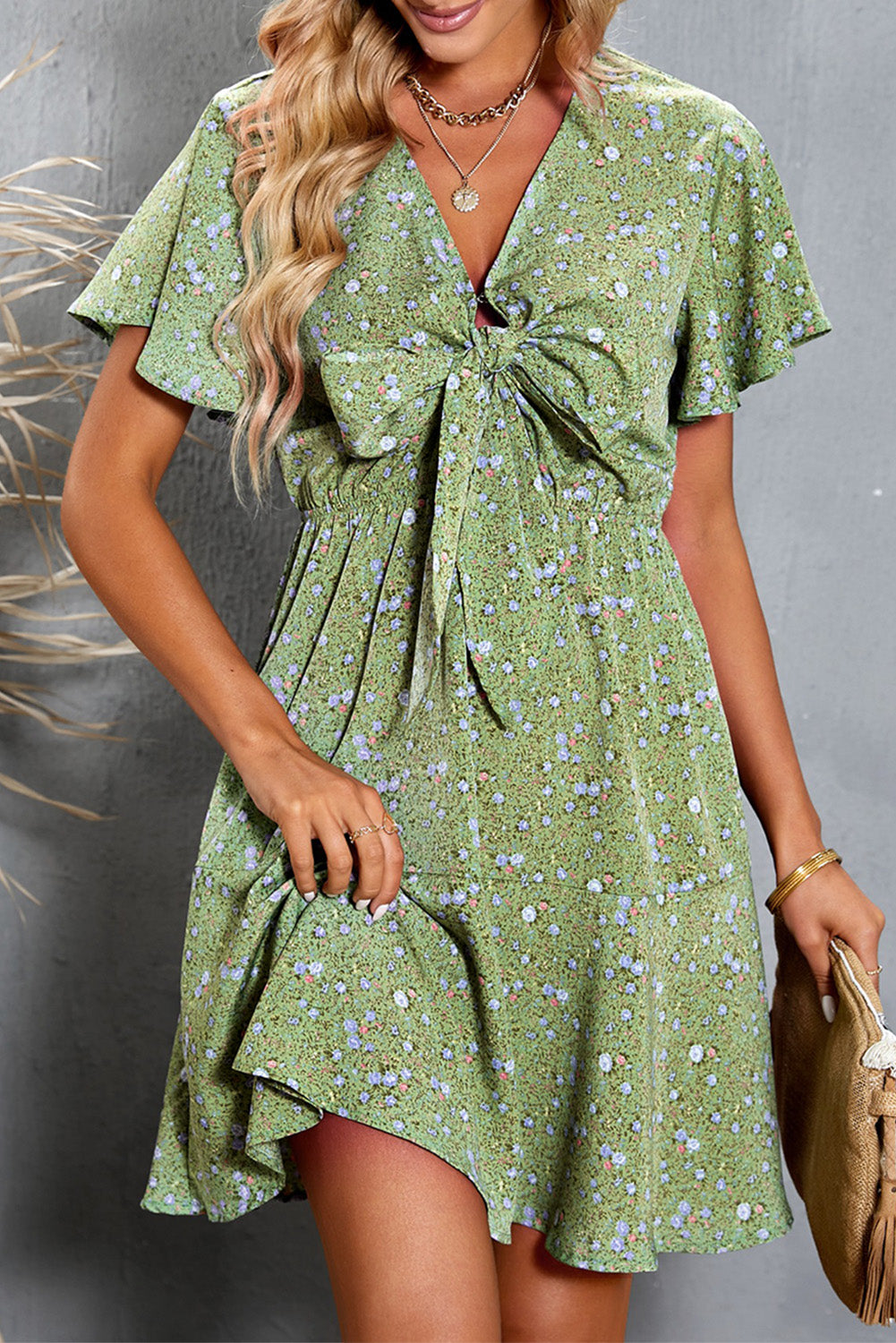 Floral Print Tie Knot Ruffled Short Sleeve Mini Dress