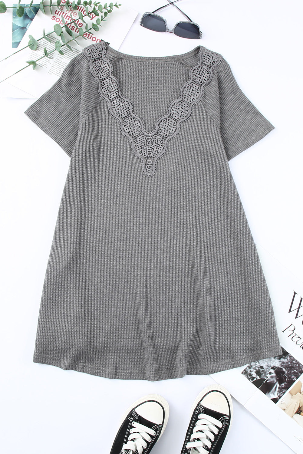 Lace Crochet Waffle Knit Ruffled V Neck Top