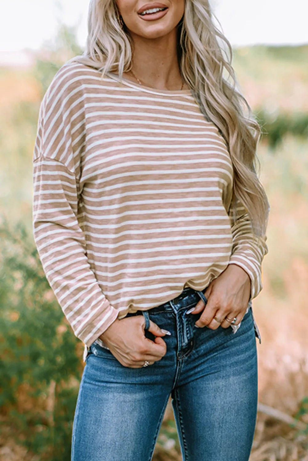 Striped Print Drop Shoulder Long Sleeve Top