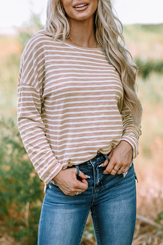 Striped Print Drop Shoulder Long Sleeve Top