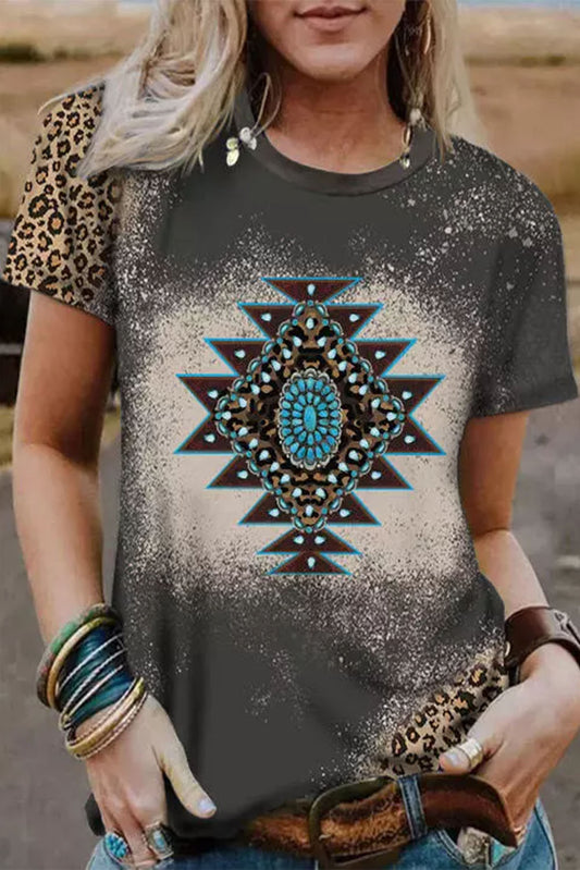 Aztec Geometric Leopard Print Short Sleeve T Shirt