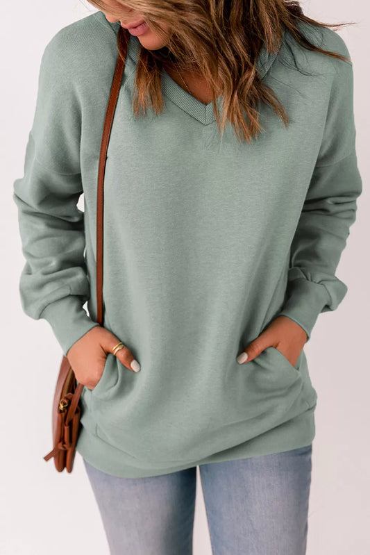 V Neck Drop Shoulder Sweatshirt with Pocket