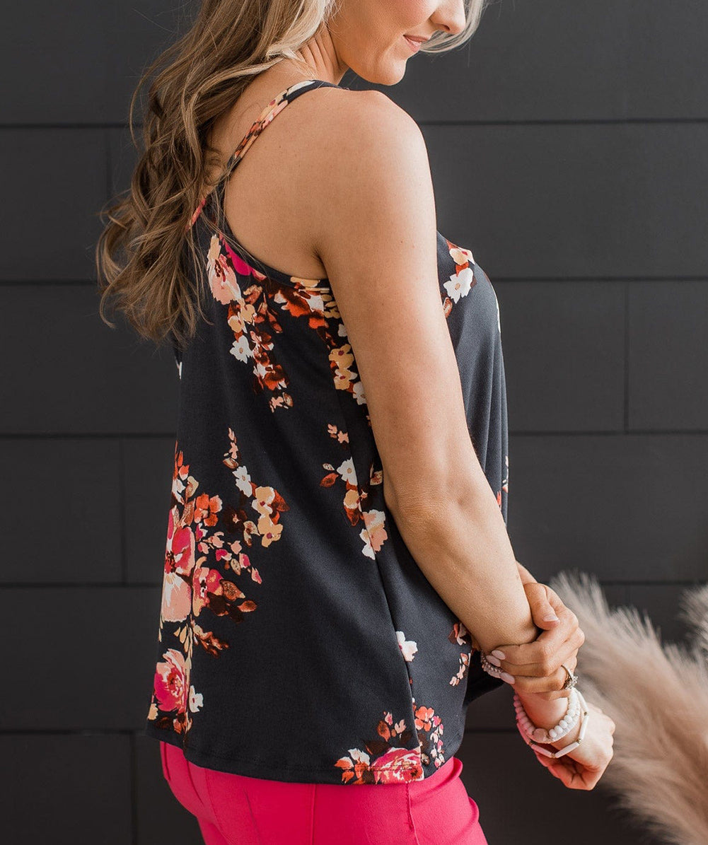 Black Floral Print Adjustable Spaghetti Strap V Neck Tank Top