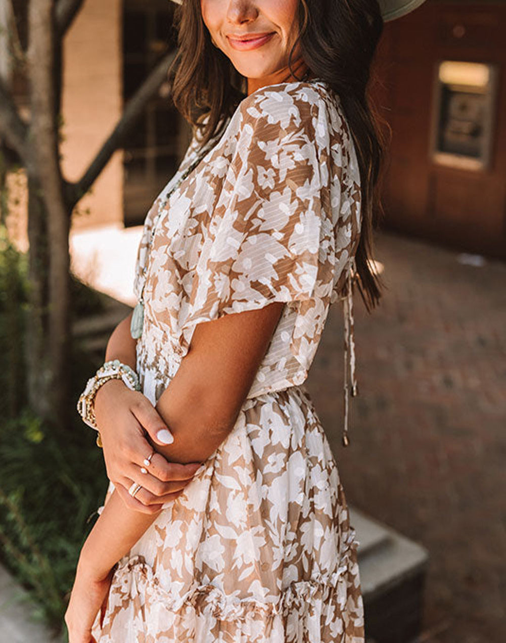 Pink Floral Print Smocked High Waist Deep V Neck Mini Dress