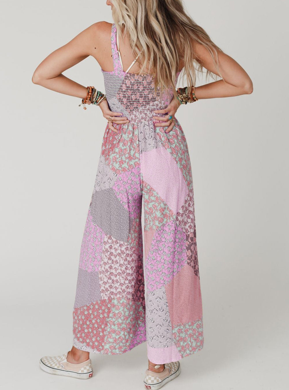 Irregular Patchwork Print Smocked Wide Leg Jumpsuit