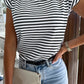 Striped Rolled Cap Sleeve Round Neck T Shirt