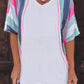 White Stripe Patchwork V Neck T Shirt