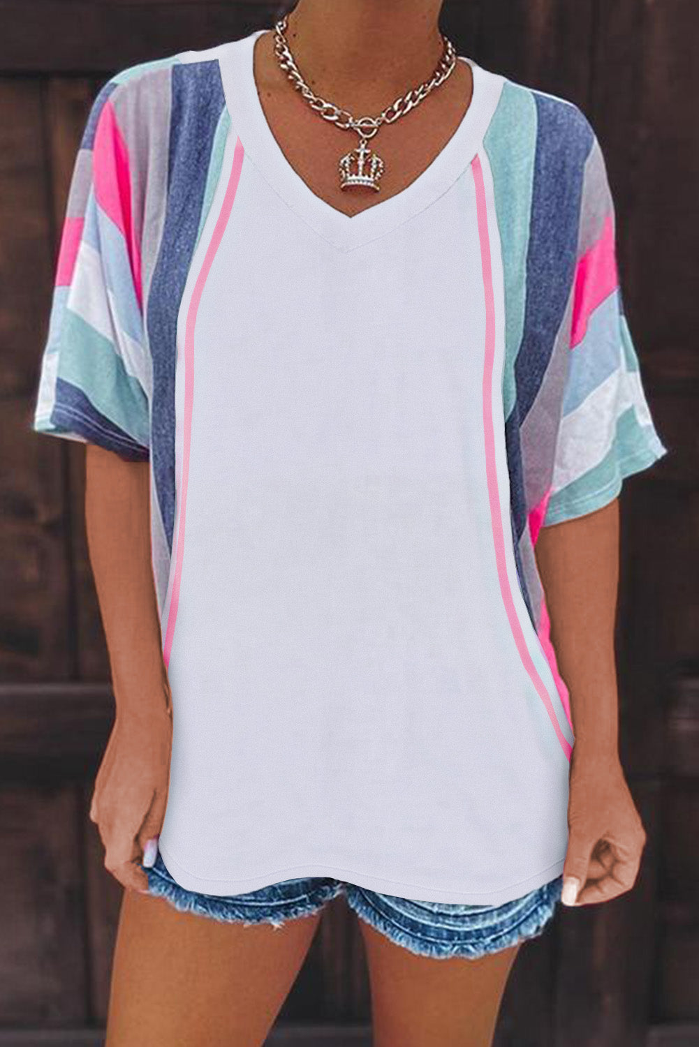White Stripe Patchwork V Neck T Shirt